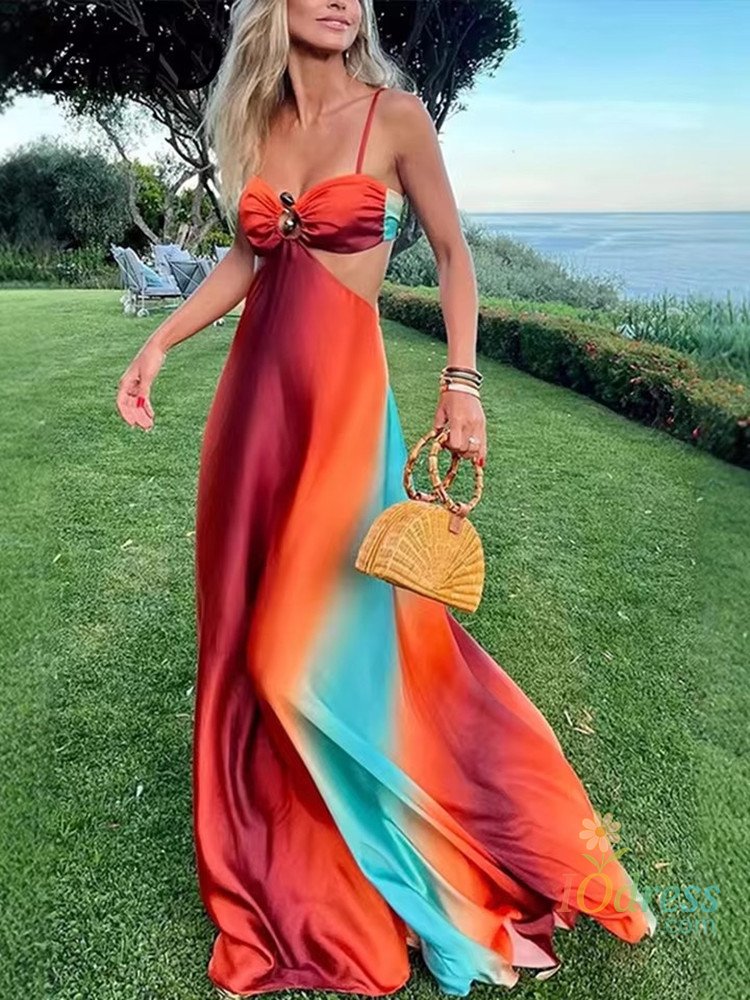 IO Dress Sexy Gradient Hollow Out Maxi Dress Women Backless Sleeveless Sling Long Dresses 2025 Summer Vacation Boho Beach Satin Robes