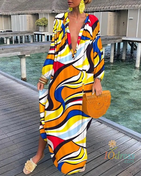 IO Dress Women Sexy Deep V-Neck Maxi Dresses Autumn Bohemian Lantern Sleeve Printe Long Dress Female Vintage Holiday Beach Cover Up Robe IO Dress