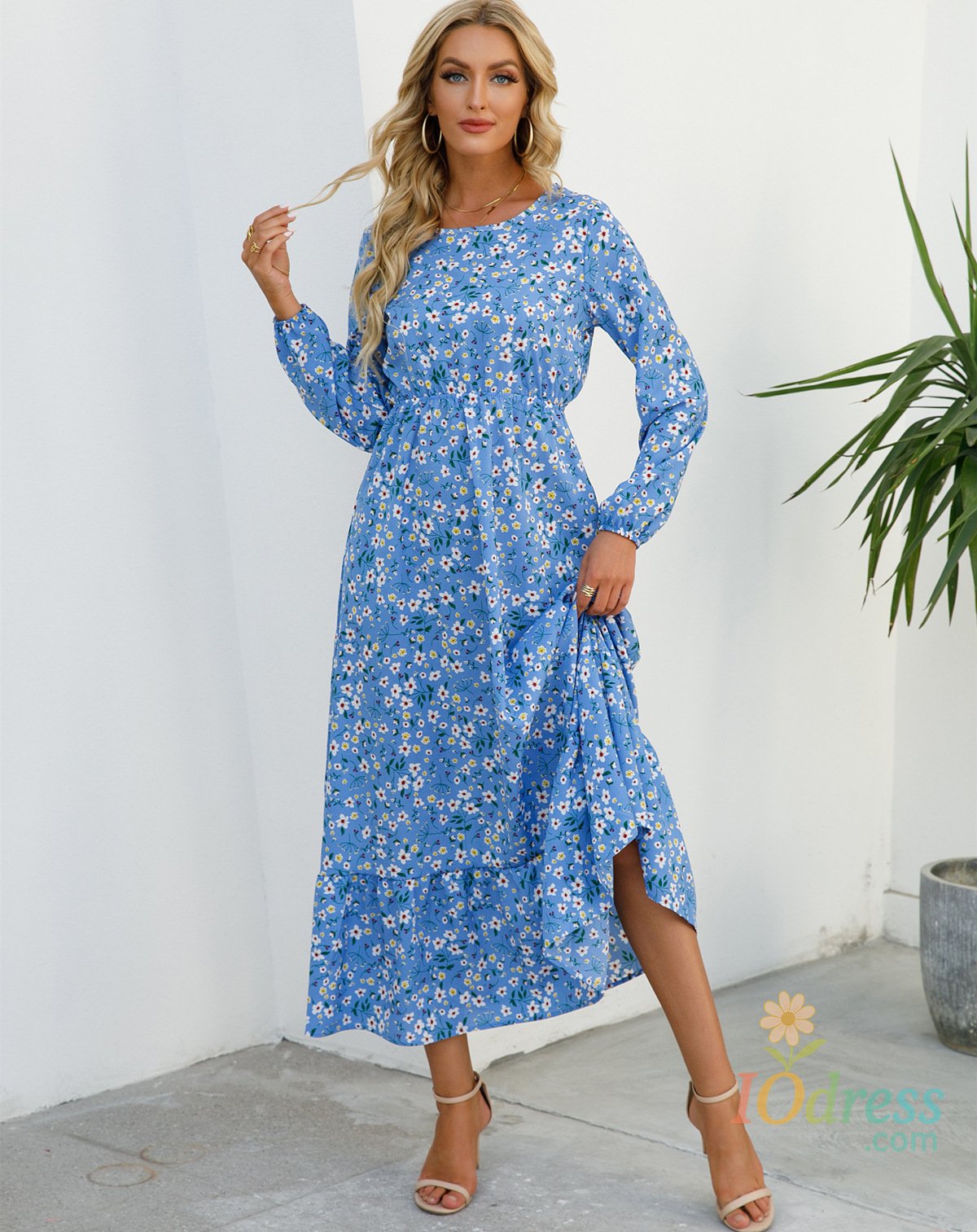 IO Dress Floral Print Round Neck Long Sleeved Dress For Women 2024 Autumn Fashionable Bohemian Big Swing Dress Vestido Mujer OL Clothing