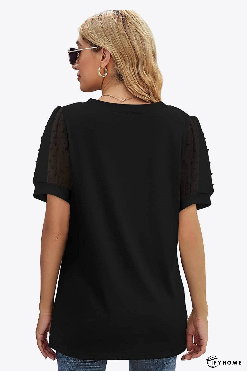 Swiss Dot Puff Sleeve V-Neck Tee | IFYHOME