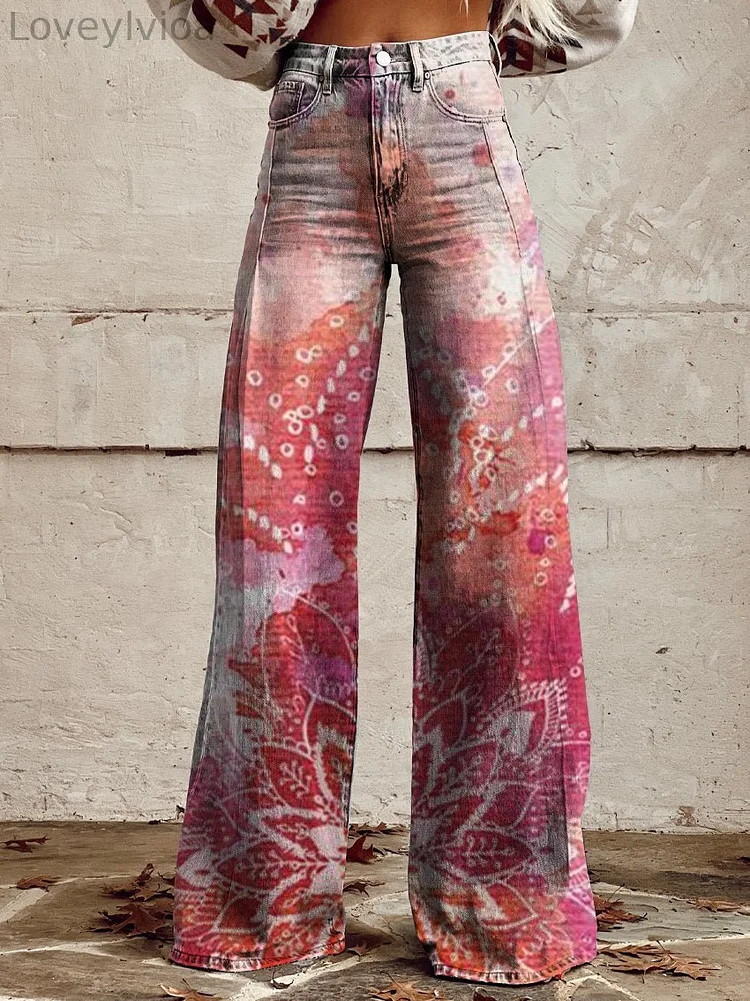 Women's Vintage Print Casual Wide Leg Pants