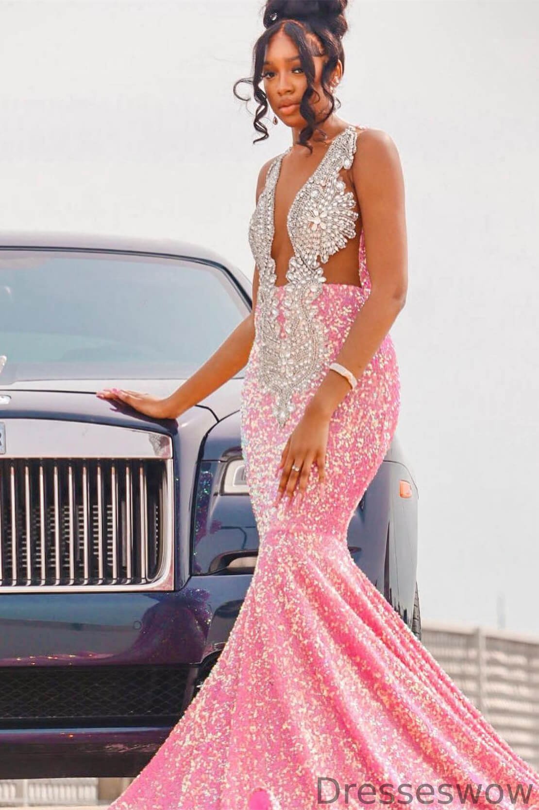 Dresseswow Pink Sleeveless Mermaid Ball Dress With Sequins Beadings
