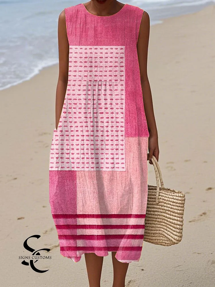 Women's Vintage Abstract Geometric Art Print Sleeveless Cotton Pocket Wrap Dress