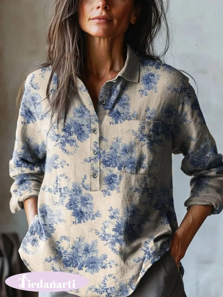 Women's Vintage Lovely Floral Art Print Casual Cotton And Linen Shirt