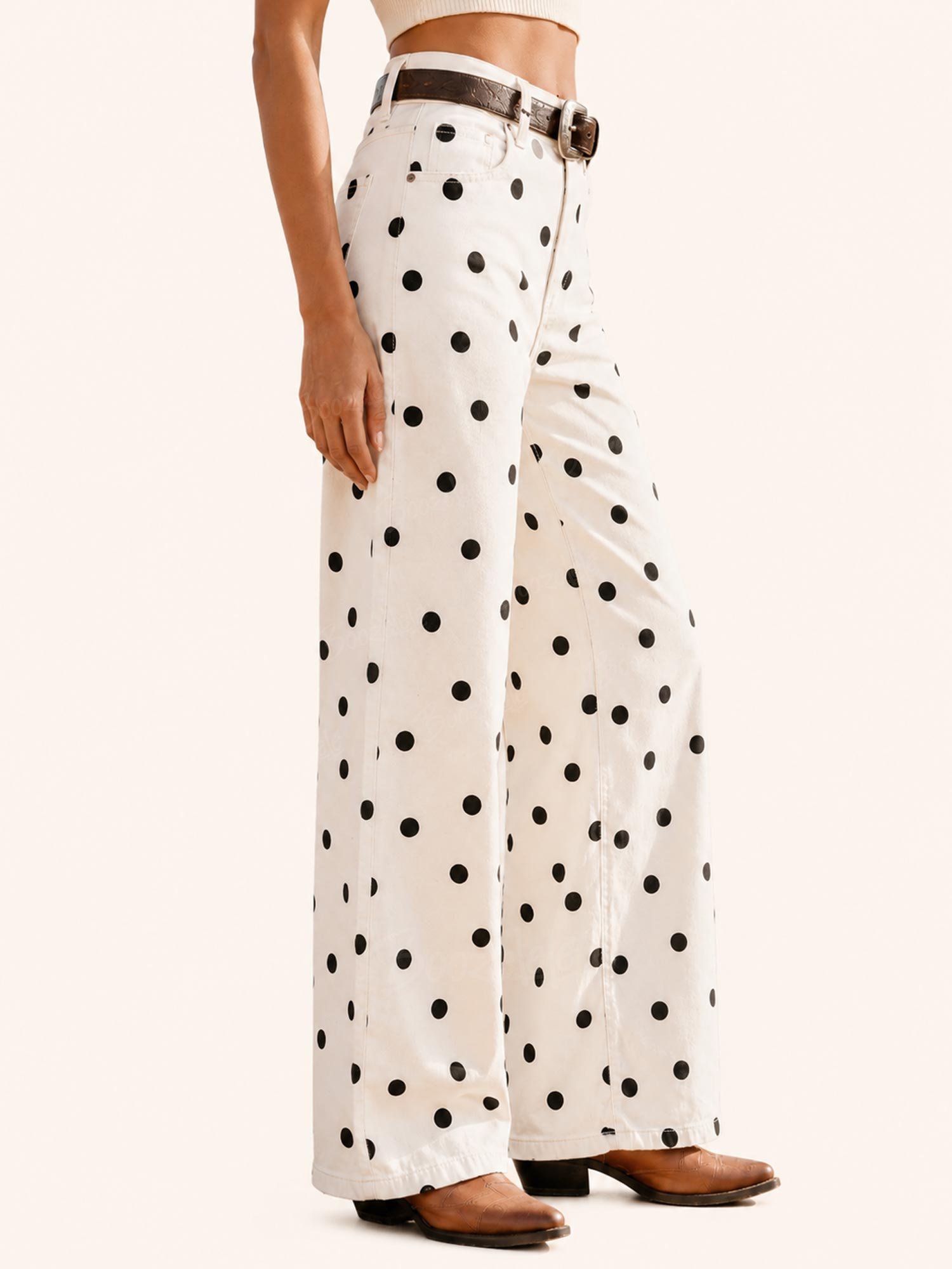 Perfect for a country music festival &mdash; White and black, 2026 SS women's retro playful polka dot high-waisted flattering silhouette premium breathable denim cotton, wide-leg jeans