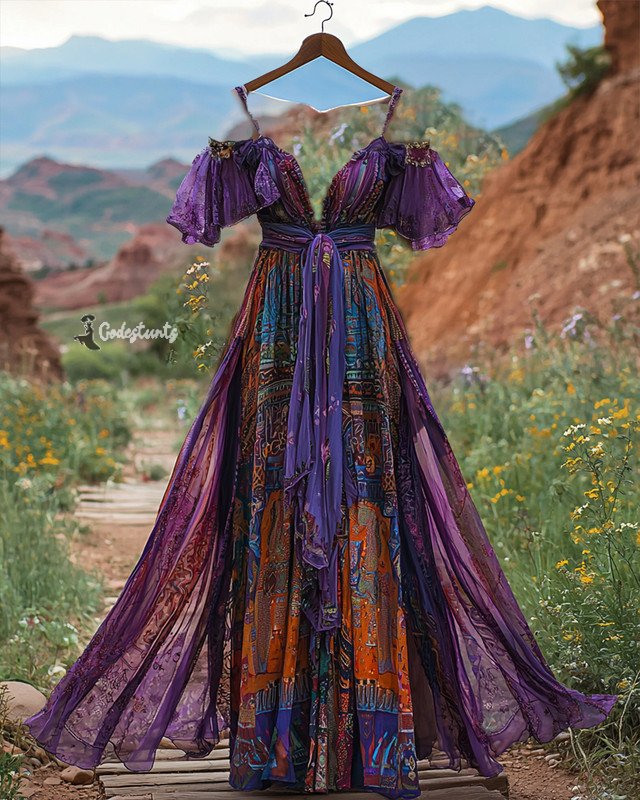 Summer vacation bohemian hand embroidered chiffon dress 5f18