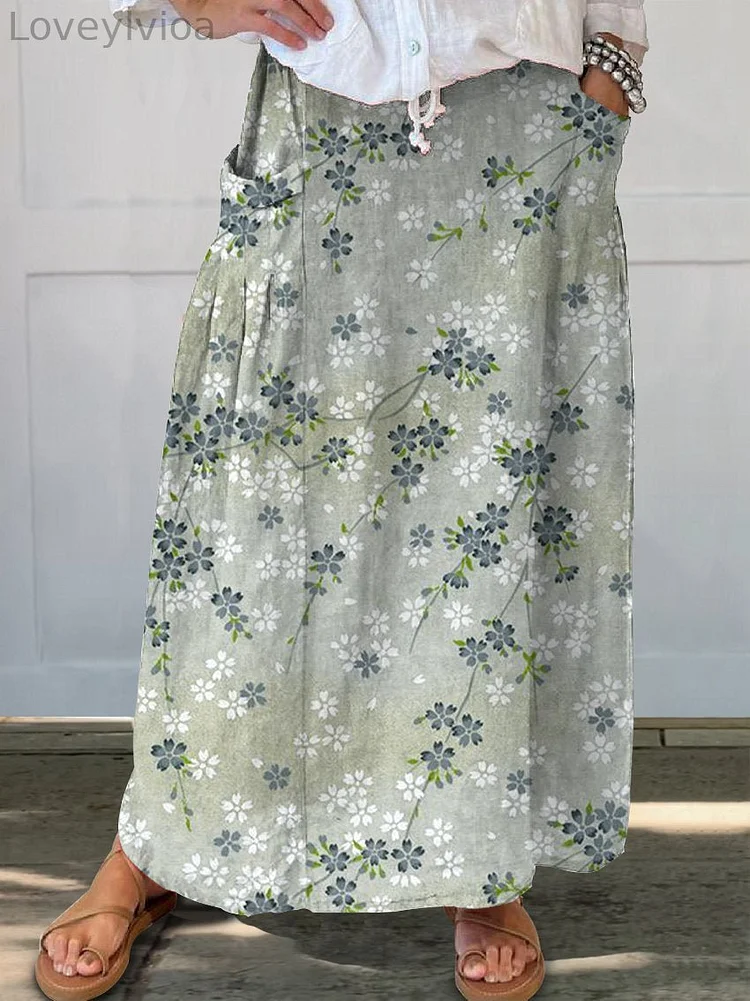 Women's Vintage Floral Art Linen Pocket Skirt