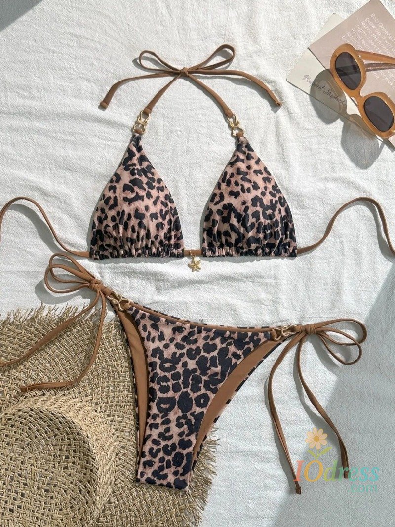 IO Dress 2025 New Arrival European and American Leopard Print Halter Bikini Set for Women, Sexy Swimsuit