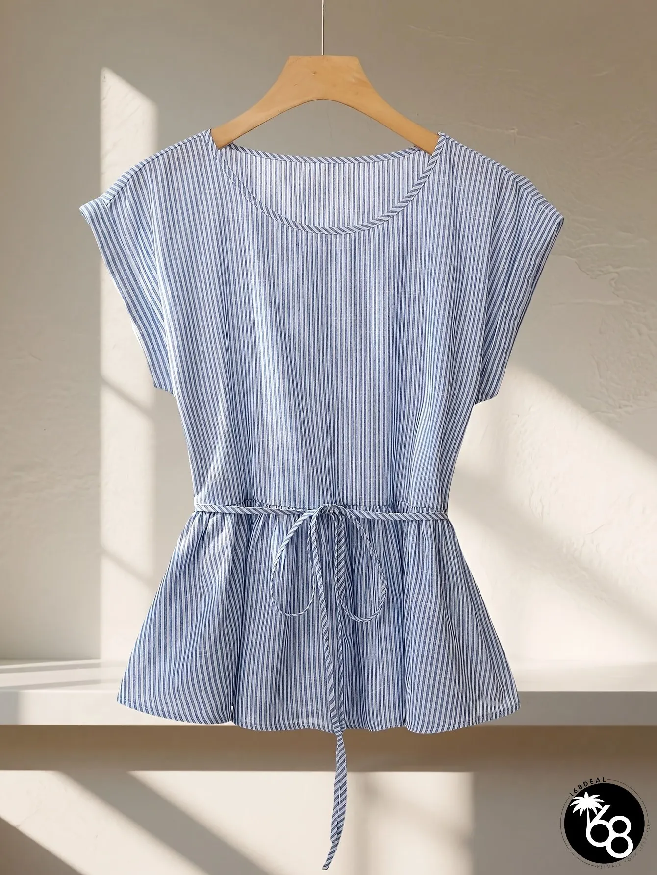Womens Elegant Casual Loose-Fit Tie-Front Blouse Blue White Striped Semi-Sheer | 168DEAL