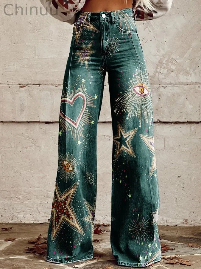 Women's Vintage Print Casual Wide Leg Pants