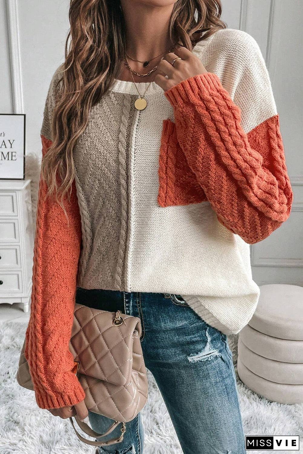 Colorblock Cable Patch Pocket Sweater
