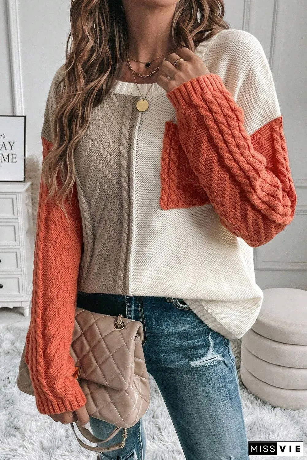 Colorblock Cable Patch Pocket Sweater