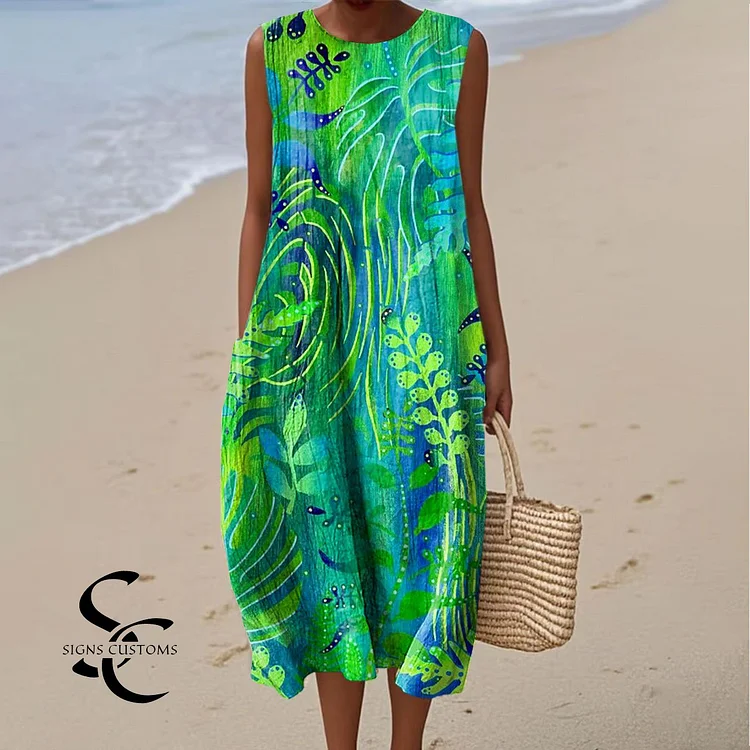 Women's Vintage Botanical Art Print Sleeveless Cotton Pocket Wrap Dress