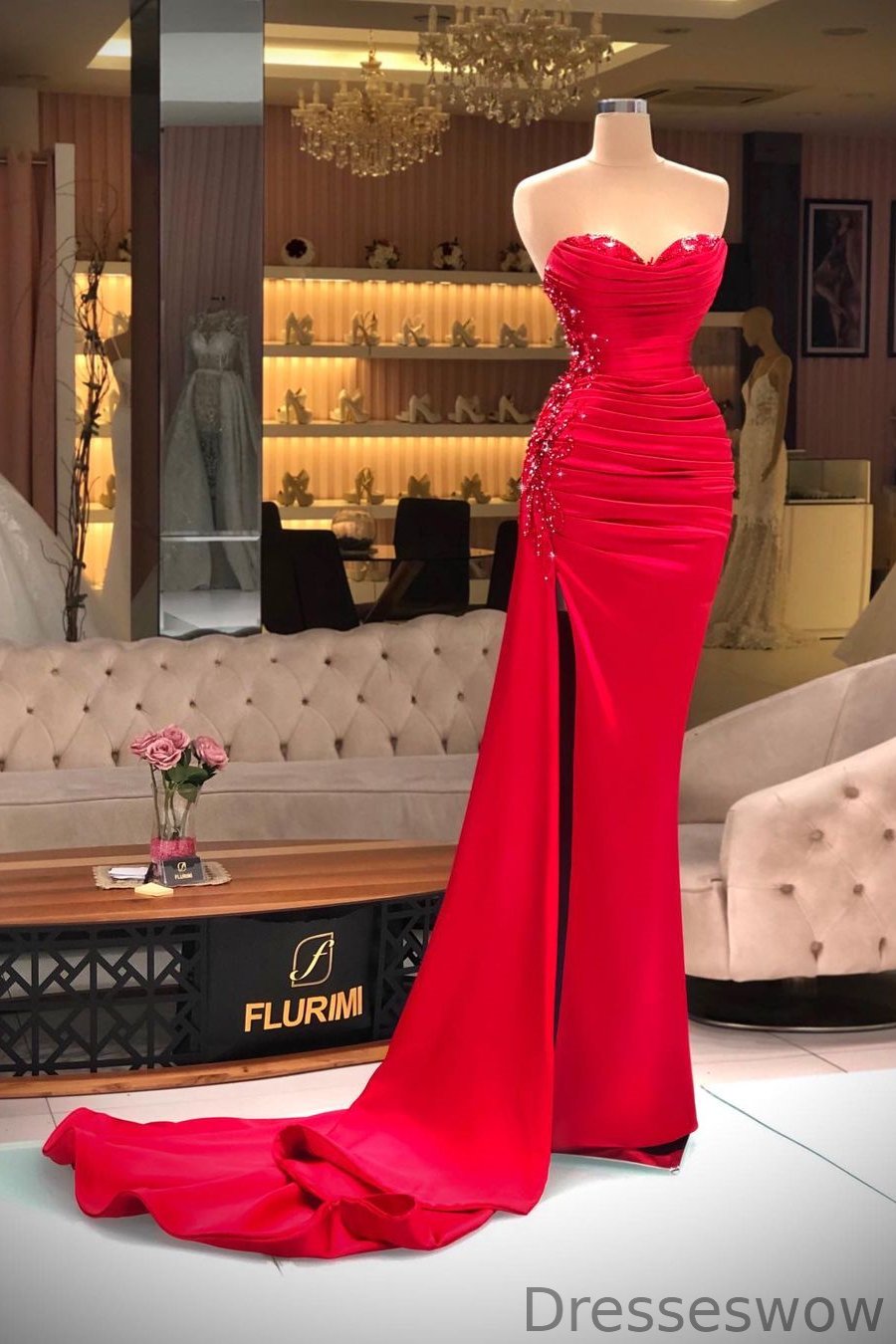 Dresseswow Red Sweetheart Sleeveless Mermaid Formal Dresses With Split Beads