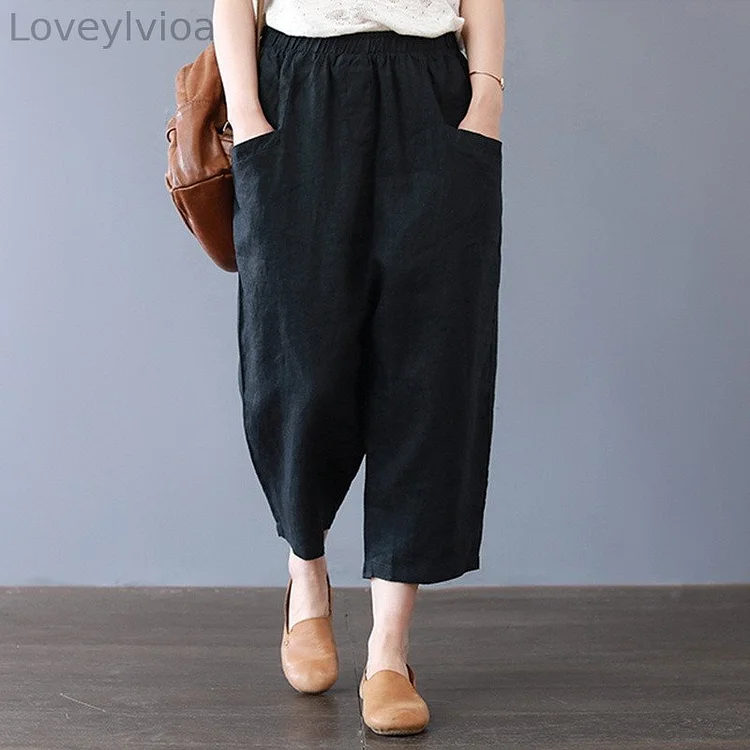 Vintage Elastic Waist Pocket Cotton Linen Comfy Pants