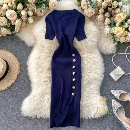 IO Dress Vestidos Solid Korean Vintage High Waist Women Dress Bodycon Sexy Stretch Knitted 2026 Summer Dresses Chic 16347