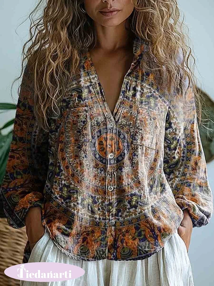 Women's Retro Ethnic Pattern Art Print Casual Long Sleeve Comfortable Cotton Shirt