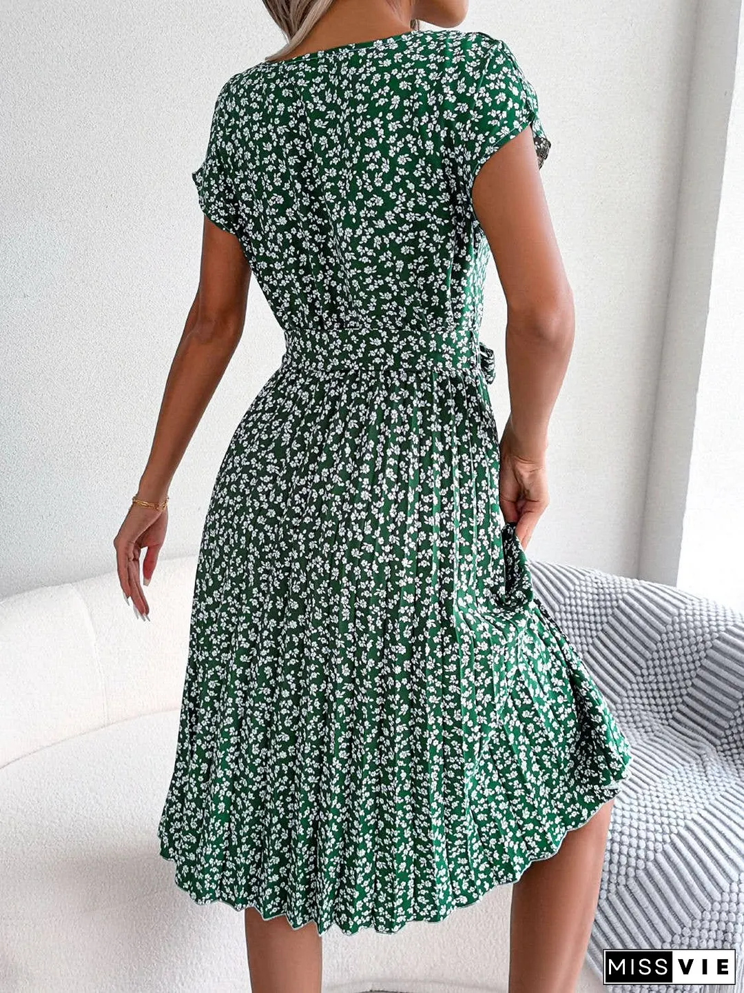 Ditsy Floral Pleated Belted Dress