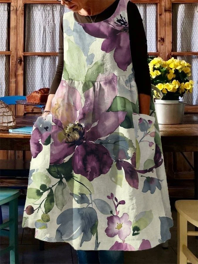 Women's Vintage Botanical Floral Print Pocket Dress