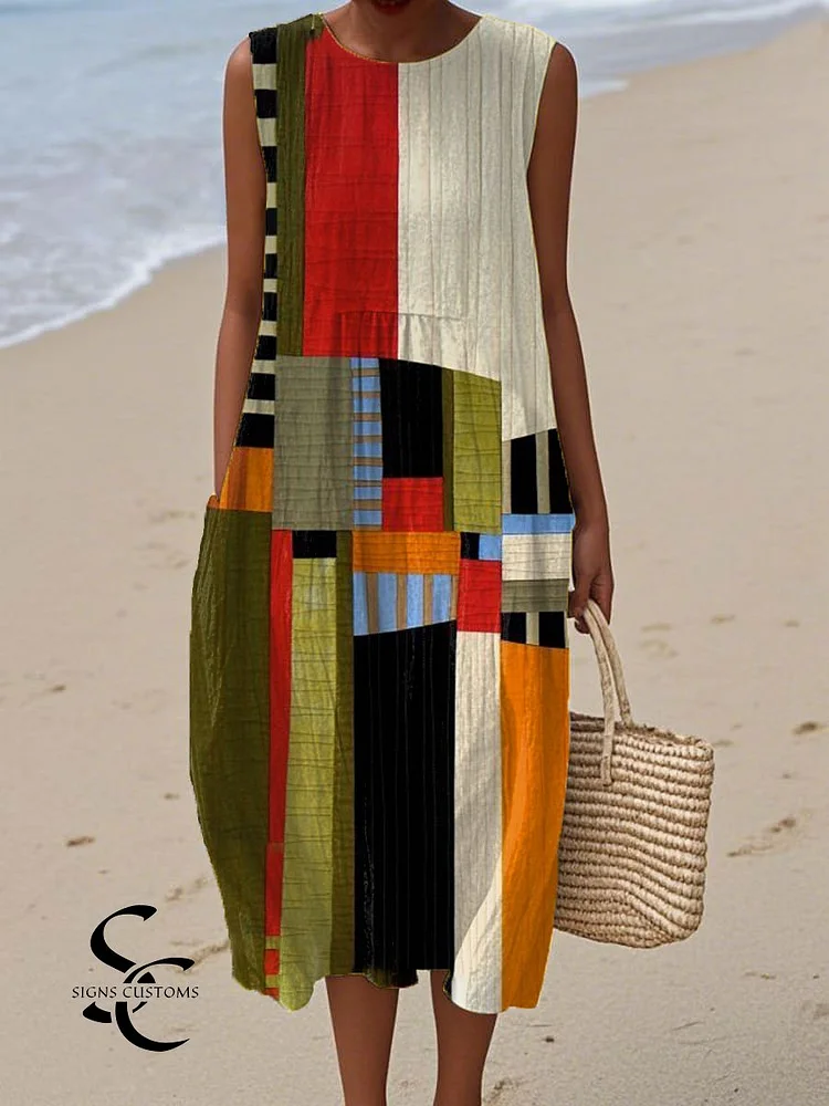 Women's Vintage Abstract Geometric Art Print Sleeveless Cotton Pocket Wrap Dress