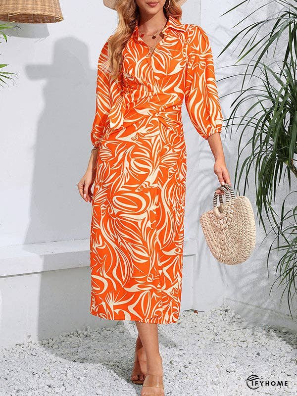 A-Line High Waisted Elasticity Printed Tied Waist Lapel Midi Dresses Shirt Dress | IFYHOME