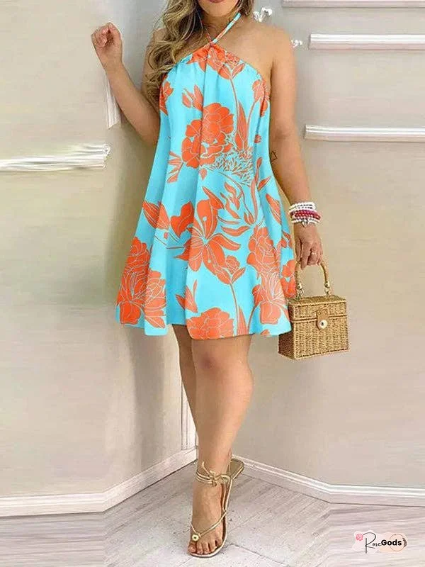 Loose Sleeveless Contrast Color Floral Printed Halter-Neck Mini Dresses