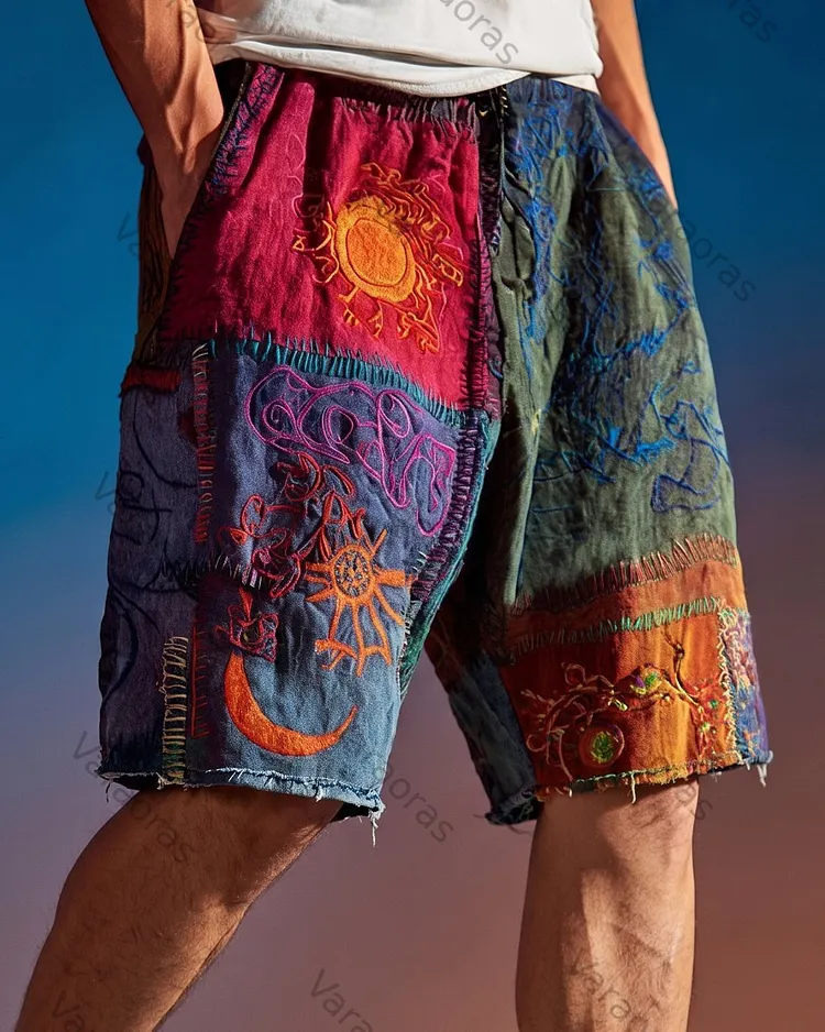 Men's Summer Fashion Rainbow-Colored Star and Moon Embroidered Linen Shorts  6333