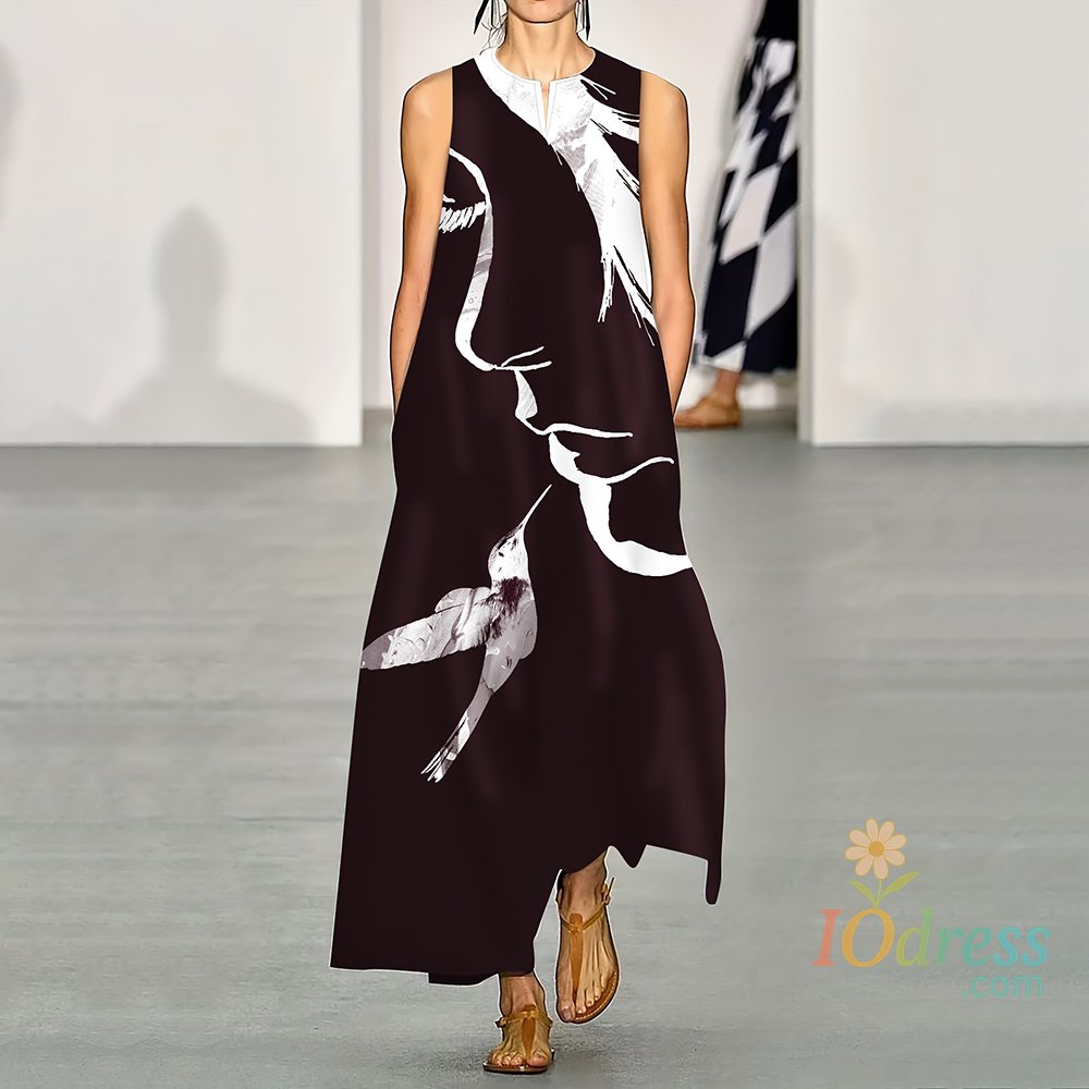 IO Dress Ladies Elegant Long Dress Summer Casual Pocket Long Dress Fashion Bird Print V-Neck Sleeveless Dress Hawaii Vacation Dress