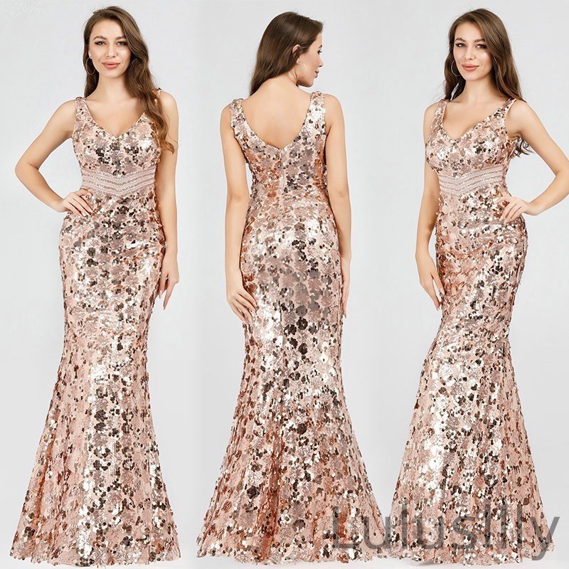 Sparkle Gold Sequins Prom Dress Long Mermaid Evening Party Gowns On Sale - lulusllly