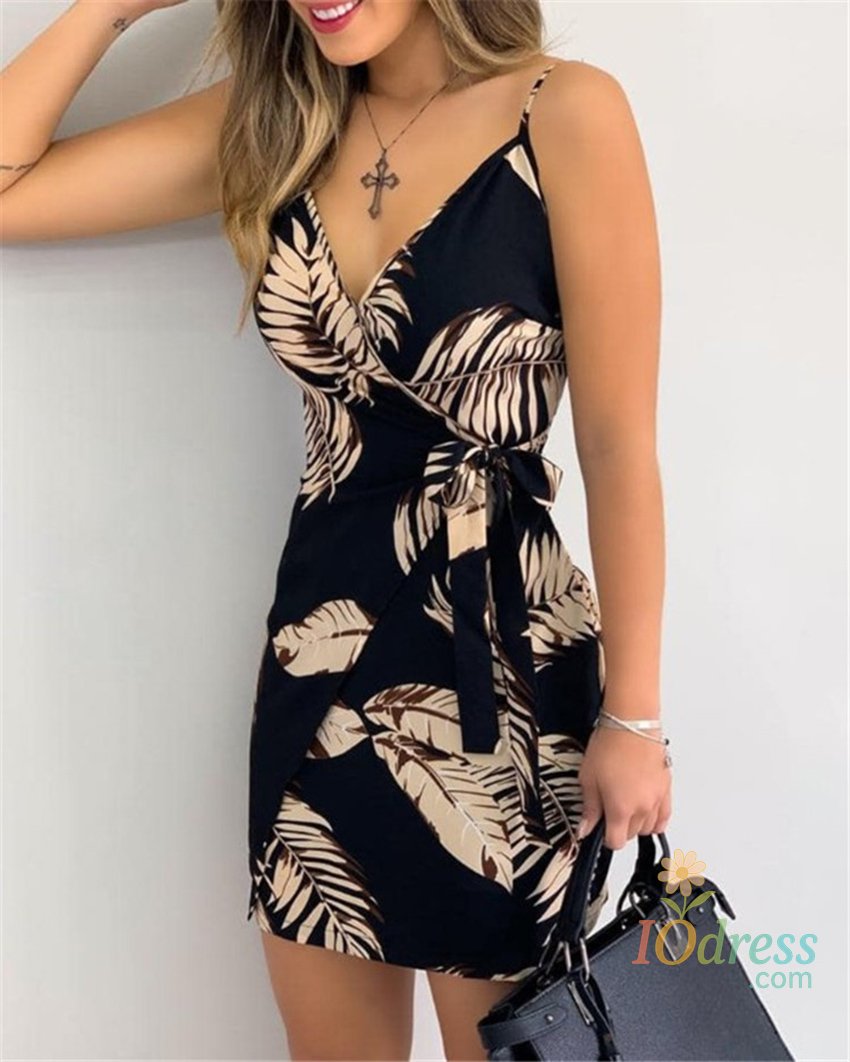 IO Dress Women's Sexy V-Neck Spaghetti Strap Bodycon Dress, Slim Fit Party Dress with Waist Belt, Summer Cocktail Dress IO Dress