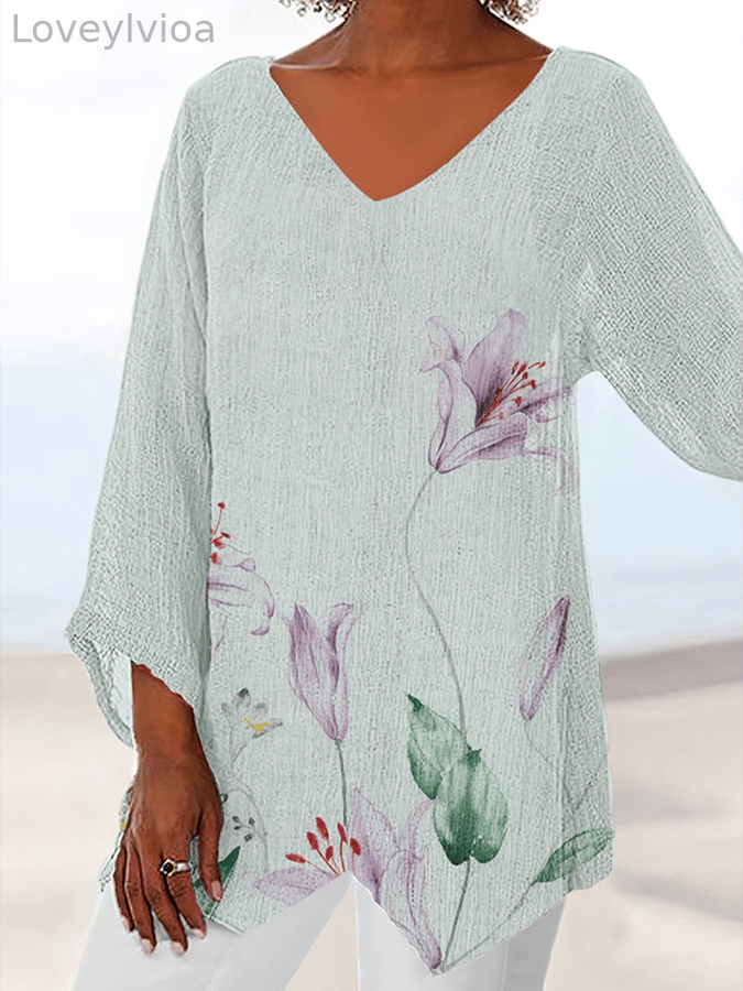 Women's V-Neck Long-Sleeved Plant Floral Casual Top