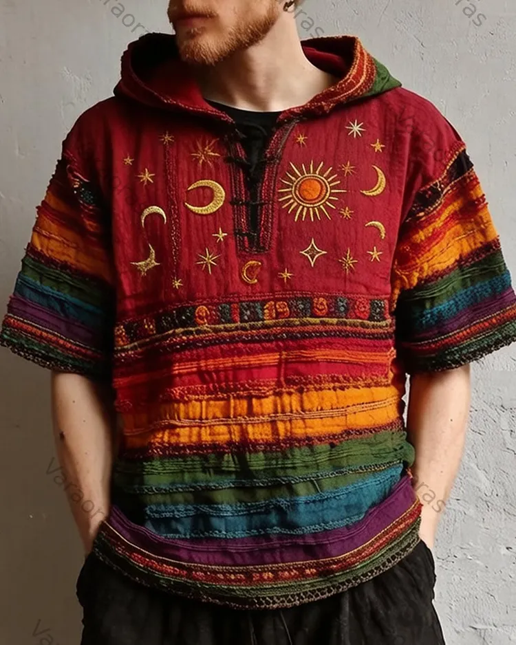 Men's Summer Fashion Rainbow-Colored Star and Moon Embroidered Linen Short-Sleeve Top 1070