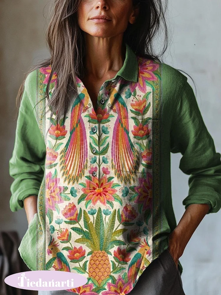 Women's Vintage Lovely Floral Birds Art Print Casual Cotton And Linen Shirt