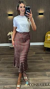 Rhea Brown Polka Dot Satin Midi Skirt