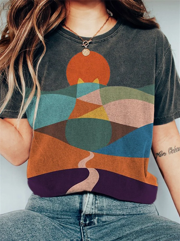 Cat Mountains Landscape Sunrise Japanese Art Vintage T Shirt
