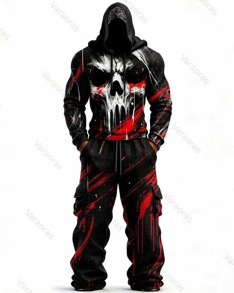 Men's Color-Block Skull-Embroidered Hoodie & Pants Two-Piece Set 6210