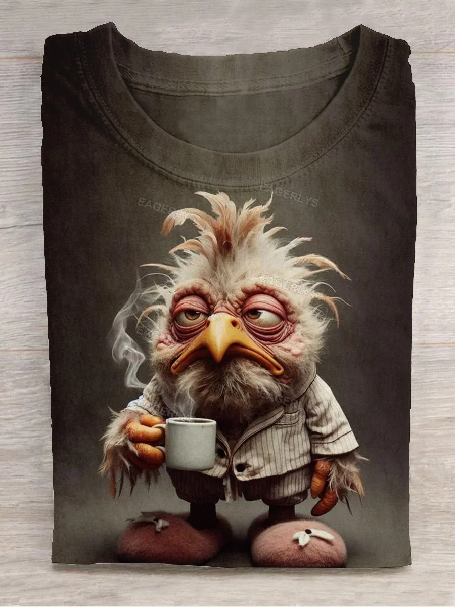 Unisex Funny Coffee Chicken Art Print Round Neck Short Sleeve T-Shirt Eagerlys