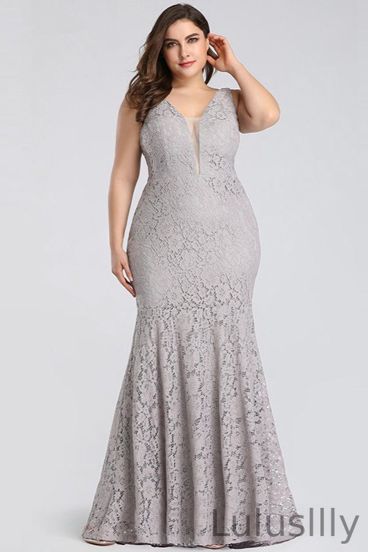 Full Lace V-Neck Sleeveless Mermaid Plus Size Evening Prom Dress Online - lulusllly