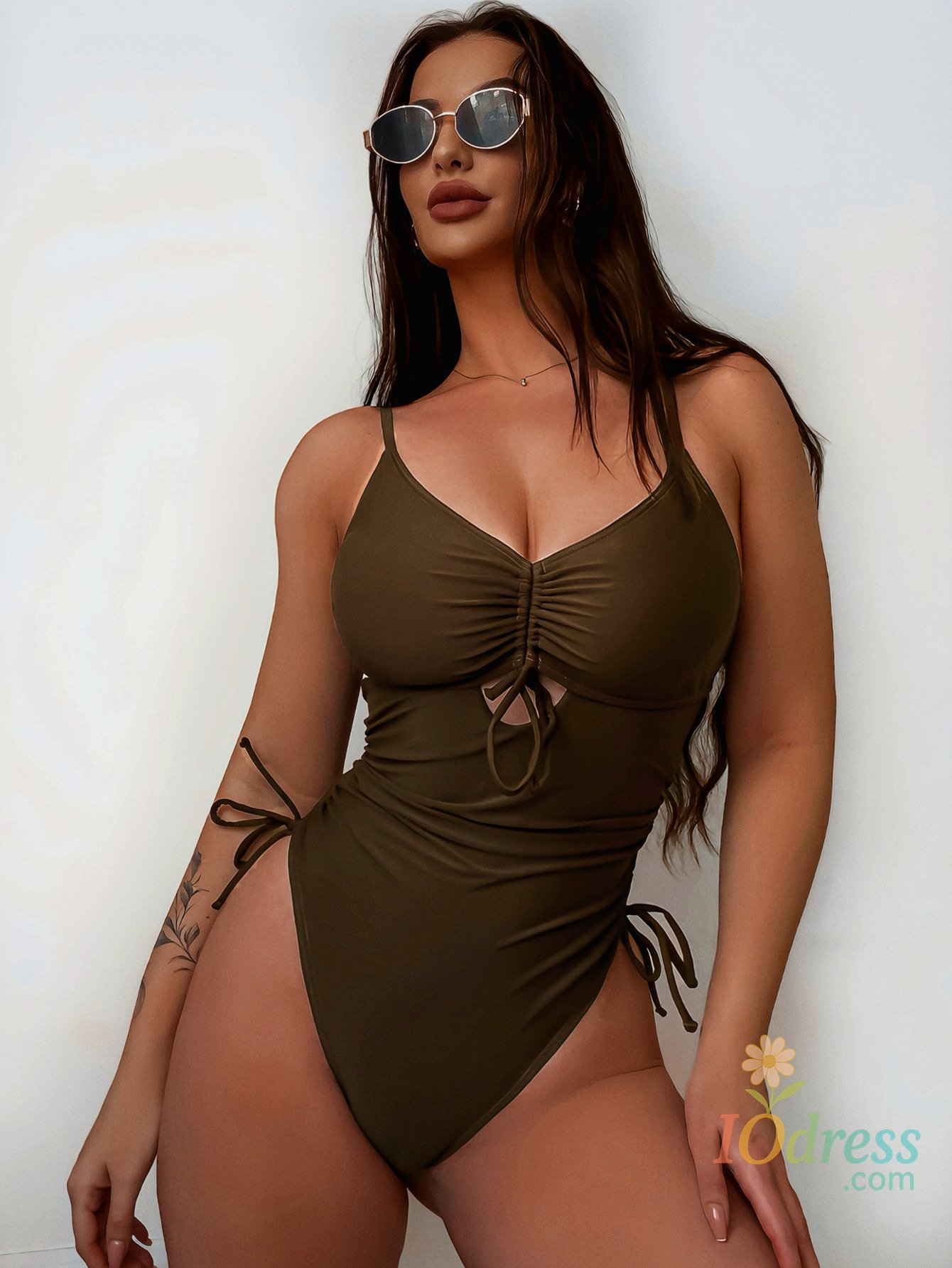 IO Dress Dark Brown One Piece Swimsuit Women Solid Color Conservative Bikini Suspender Backless Beach Pleated Swimwear Bodysuit 2025