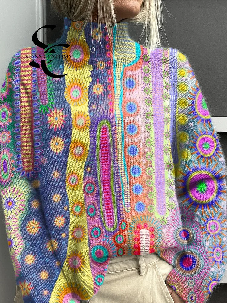 Abstract Cute Colorful Pattern Print Knit Turtleneck Pullover Sweater
