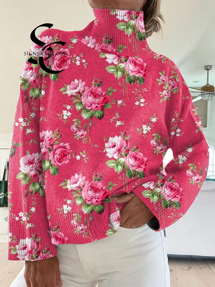 Vintage Floral Art Print Knit Turtleneck Pullover Sweater