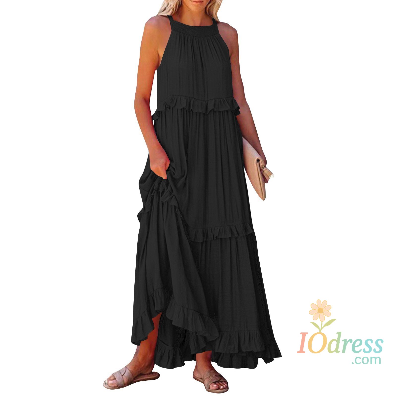 IO Dress Ladies' Bohemian Style High Street Summer Large Hem Stacked Long Dress Fashionable Daily Date Sexy Beach Style Pure Color Skirt IO Dress