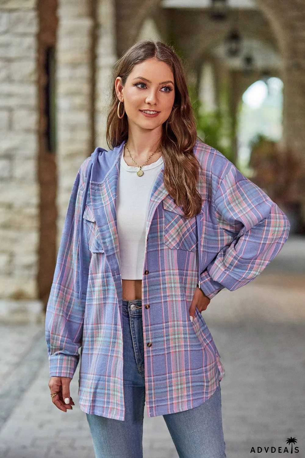 Plaid Long Sleeve Hooded Jacket