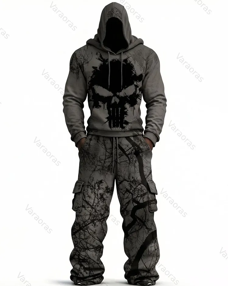 Men's Color-Block Skull-Embroidered Hoodie & Pants Two-Piece Set 3411