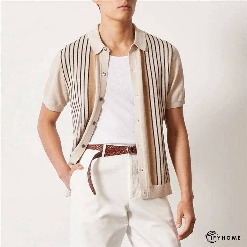 Striped Knit Short Sleeve Polo Shirt | IFYHOME
