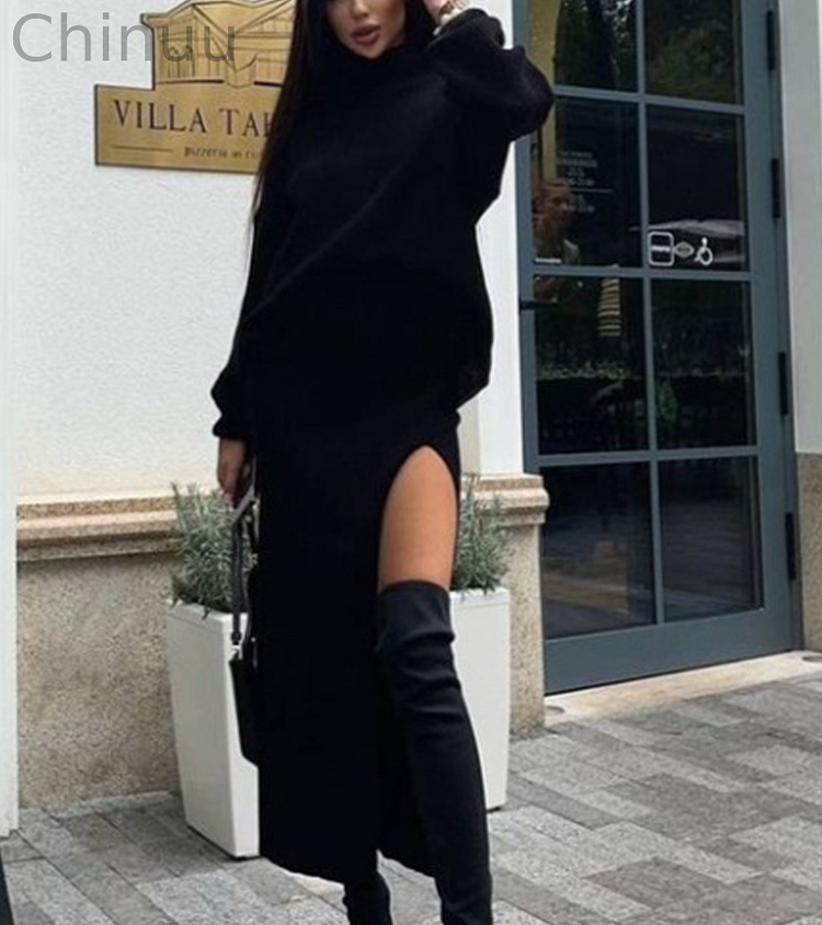 Turtleneck Casual Slit Sexy Skirt Two Pieces