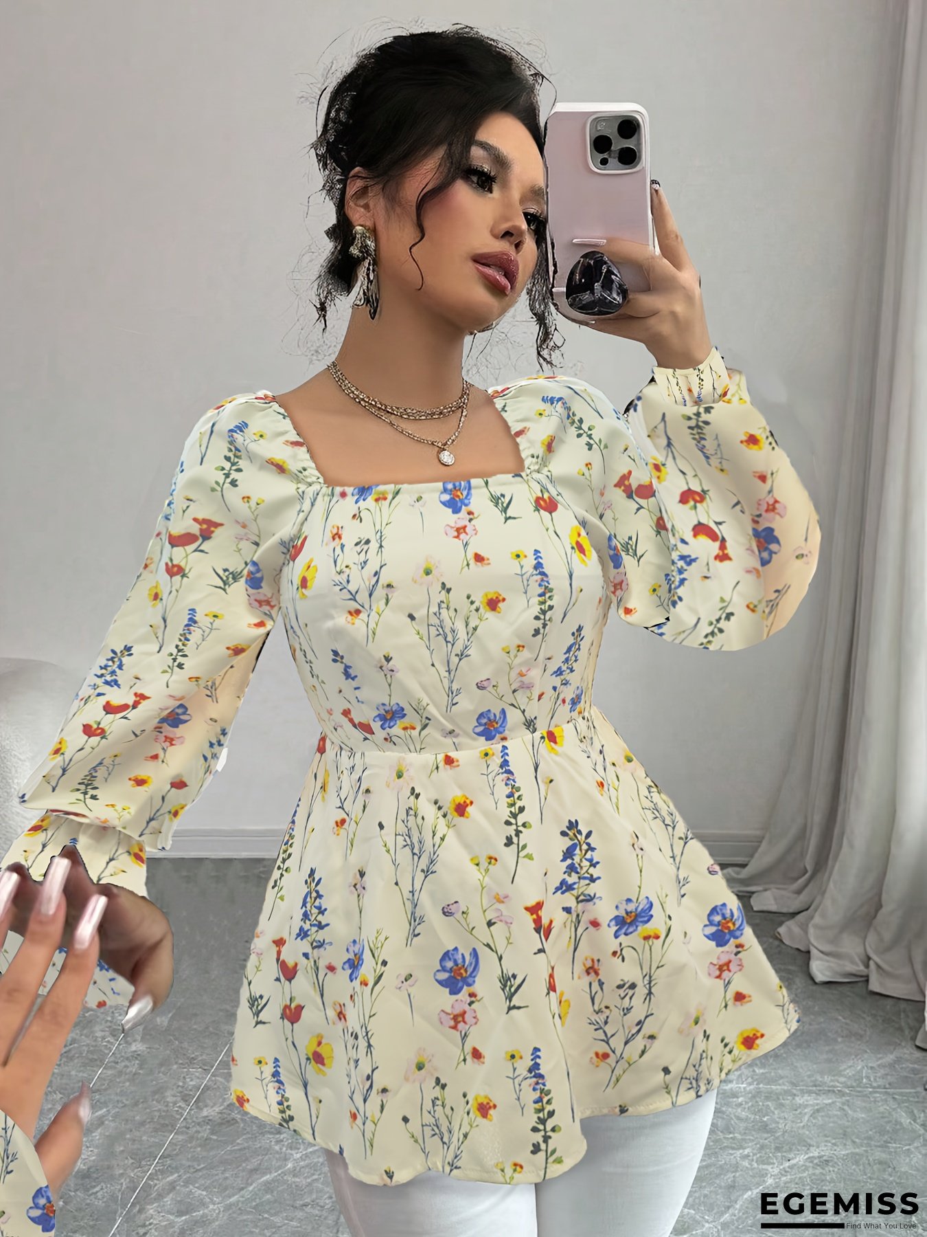 Elegant Floral Print Square Neck Blouse for Women - Chic Long Sleeve, Cinched Waist, Lightweight Polyester, Perfect for Spring & Fall, Ladies Blouses | EGEMISS