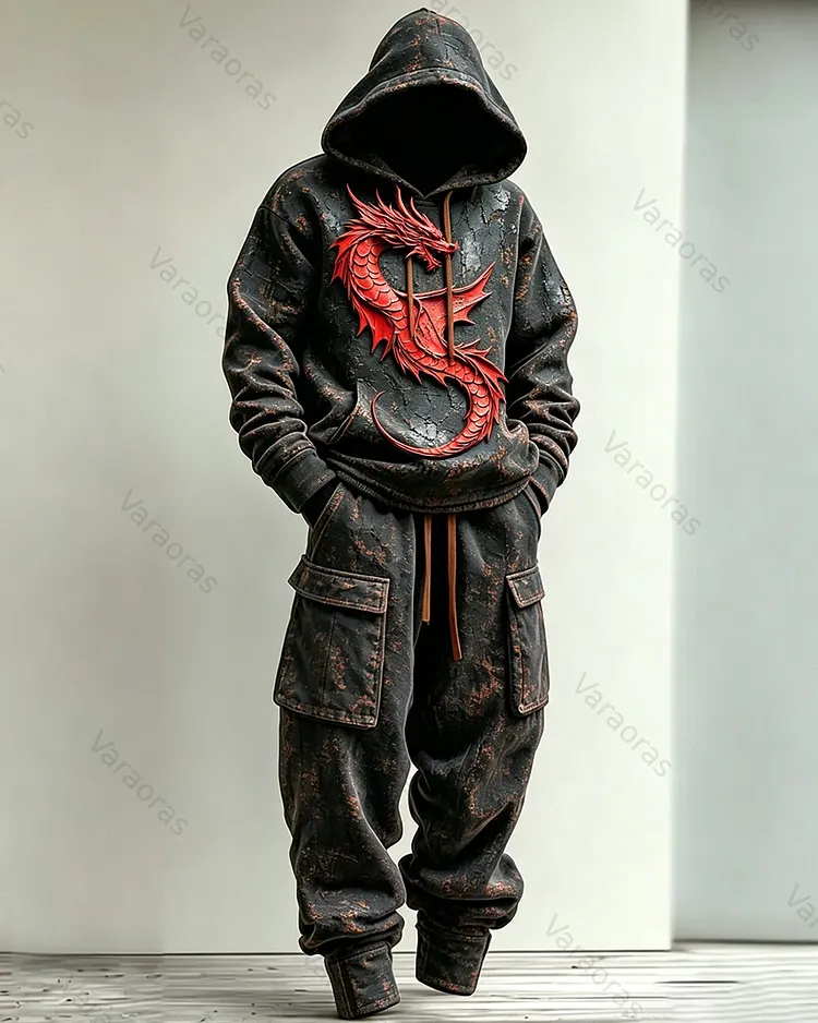 Men's Fashion Retro Vintage Distressed Red Dragon Embroidered Hoodie & Pants Two-Piece Set 7183