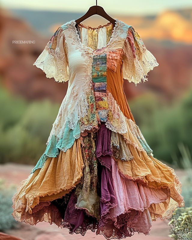 Summer Vintage Floral Lace Patchwork Dress 0737