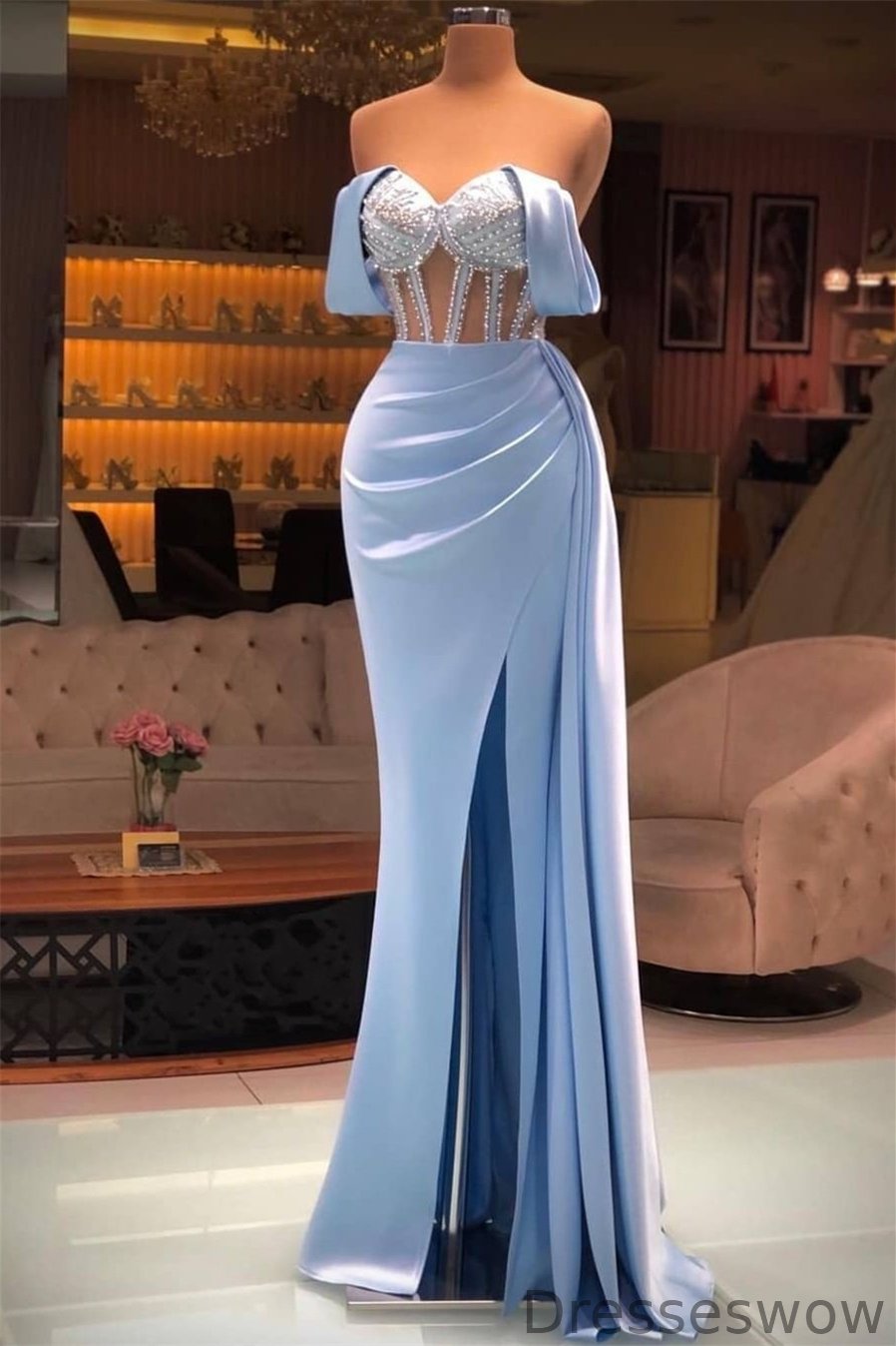 Dresseswow Baby Blue Off-the-Shoulder Prom Dress Split Long With Beads